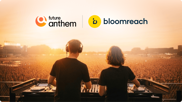 Two DJs performing at sunset on a large outdoor stage, facing a massive crowd. Logos of "Future Anthem" and "Bloomreach" appear above them.