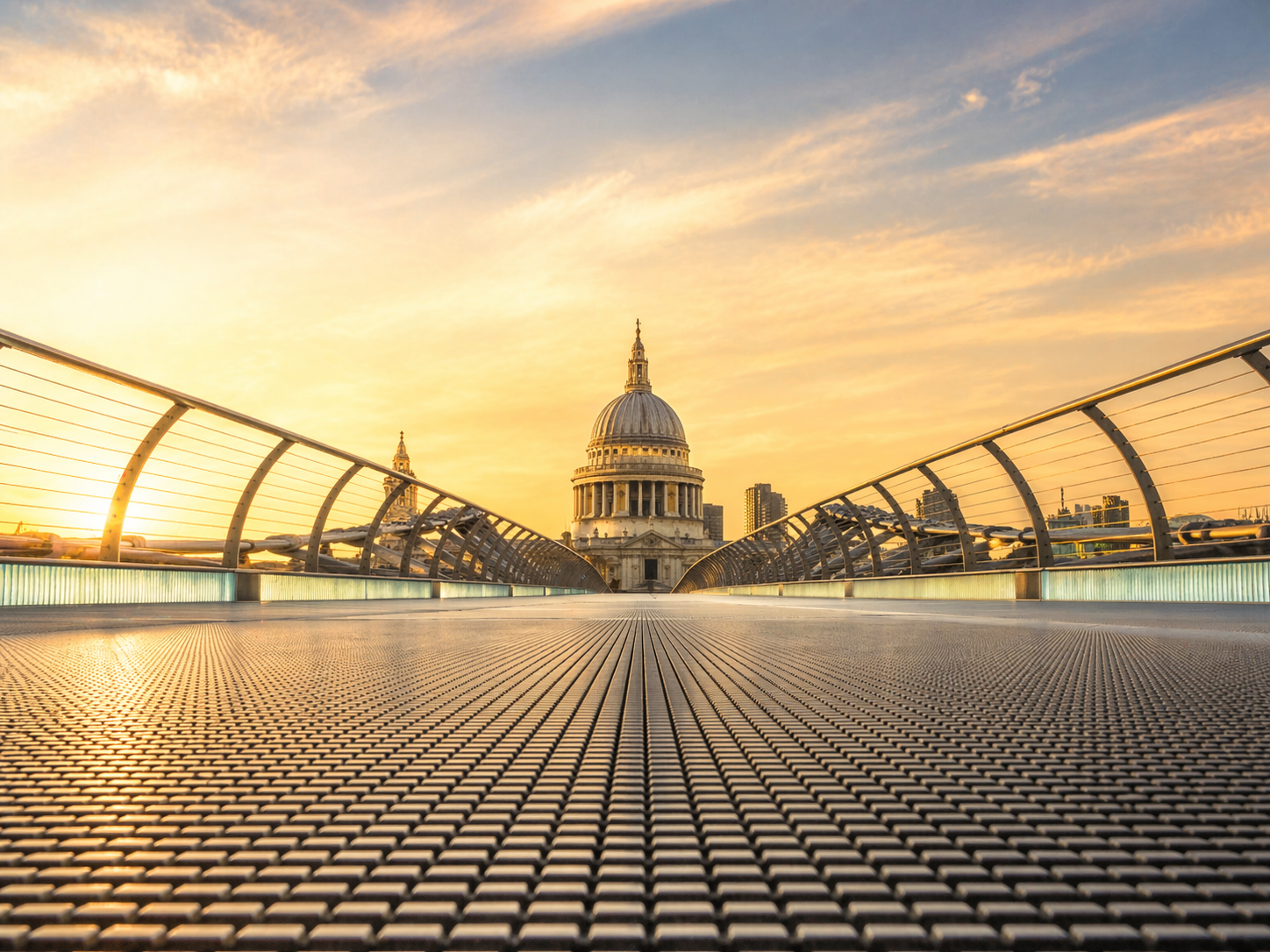View of St. Paul's Cathedral from Millennium Bridge at sunrise