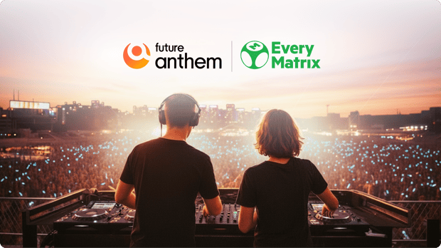 DJ duo performing at sunset outdoors with a vibrant crowd holding lights. Logos for Future Anthem and EveryMatrix are at the top. Electric atmosphere.