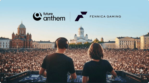 Two DJs perform at a mixing console before a large crowd in a city square, with the Future Anthem and Fennica Gaming logos displayed above them.