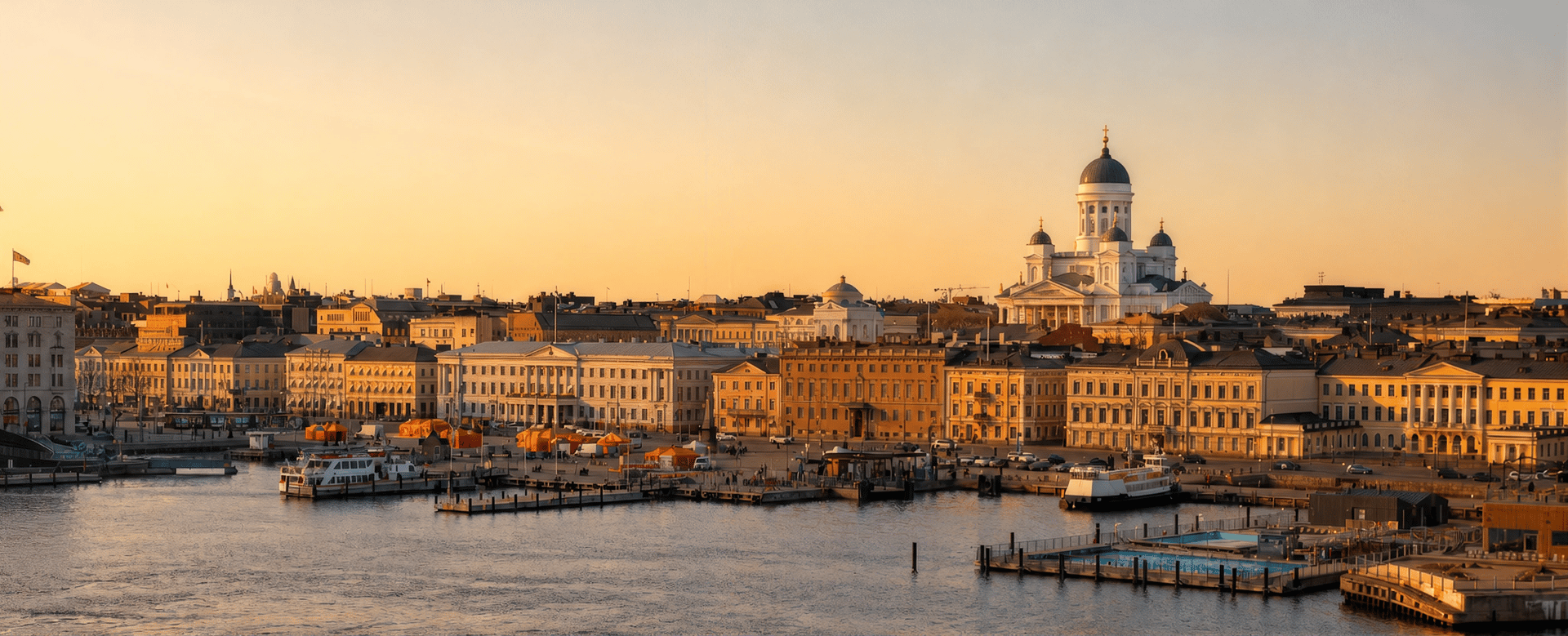 Panoramic view of Helsinki harbor at sunset, featuring the iconic white cathedral, historic buildings, docked boats, and a floating swimming pool.