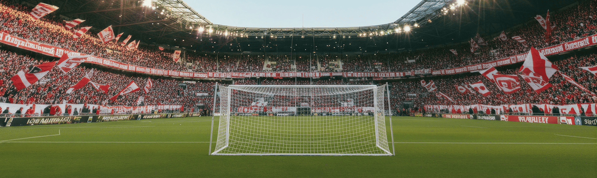 View of a soccer stadium packed with fans holding red and white flags, taken from behind a goalpost on the field.